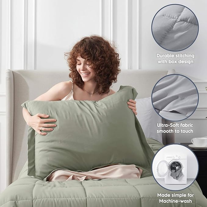 Nestl 7 Piece Twin Comforter Set – Light Sage Reversible Bed in a Bag – Complete Twin Size Bedding Set with Sheets, Set of 2 Down Alternative Pillows, Pillowcase and Sham
