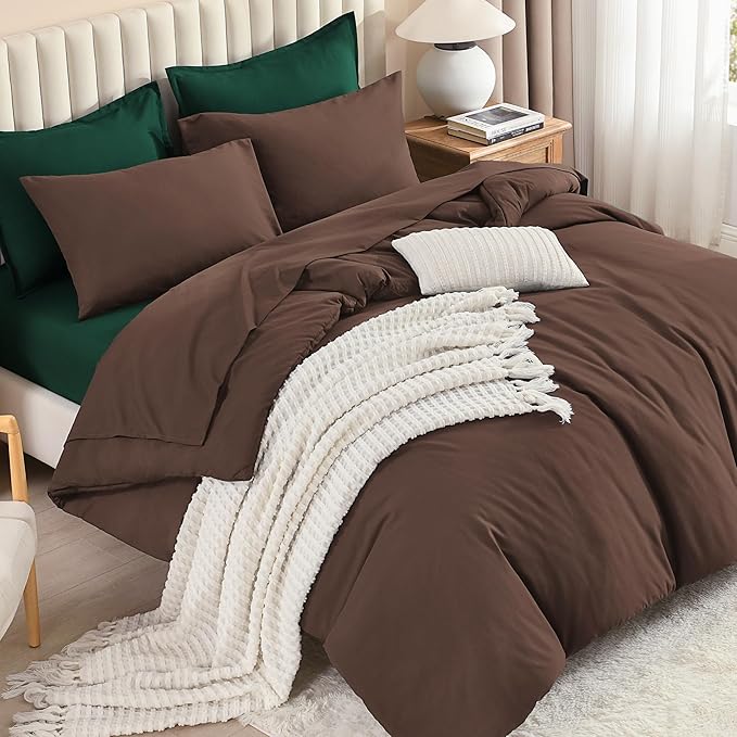 Litanika Full Comforter Sets Brown Emerald Green- 7 Pieces Bed in a Bag Beddding Sets, Solid Lightweight Bed Set with Comforter, Sheets, Pillowcases & Shams