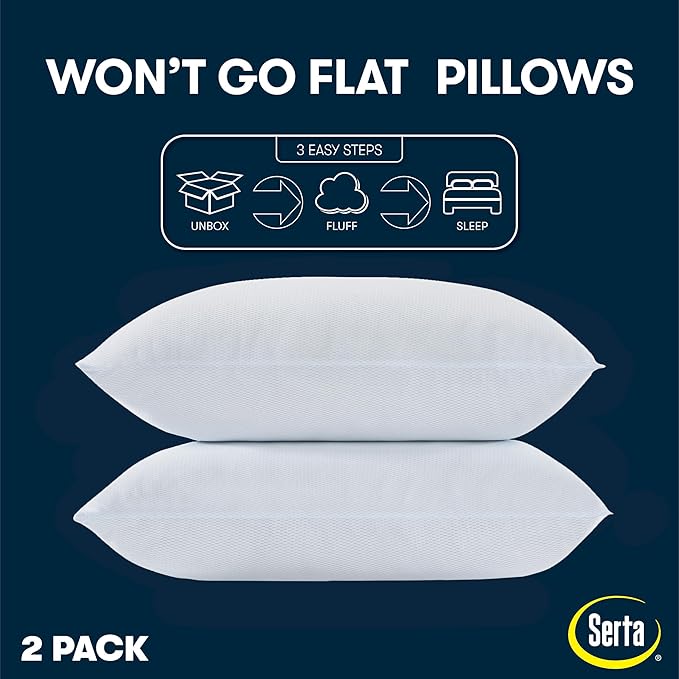 Serta Won't Go Flat King Size Set of 2 Down Alternative Cooling Bed Pillows, Extra Life Foam Core with Medium Support, Perfect for Back, Stomach or Side Sleepers, White
