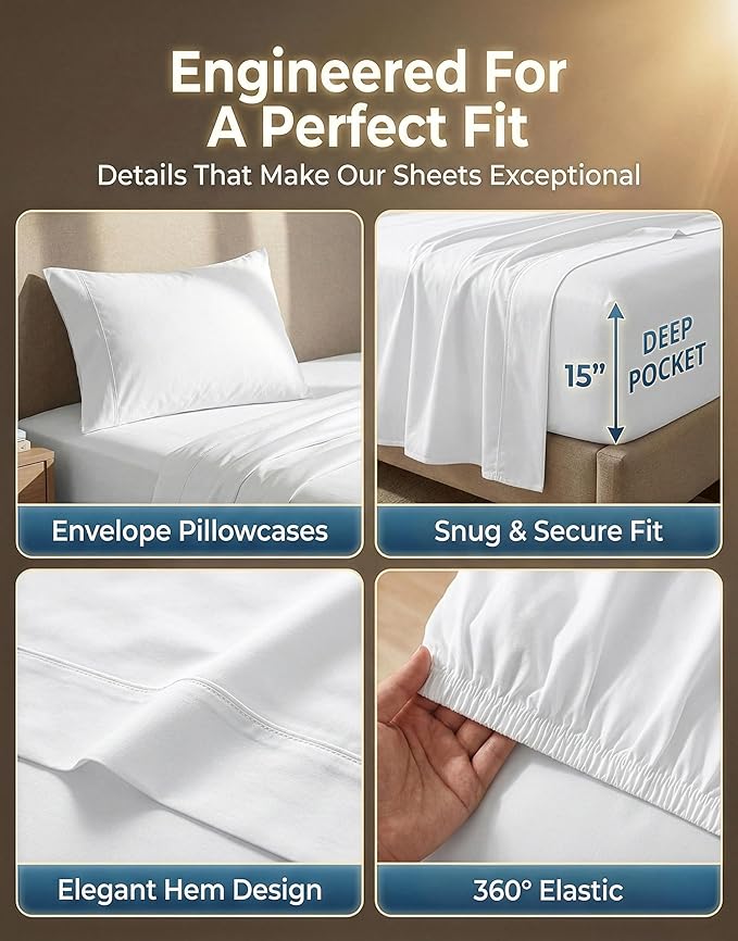 LANE LINEN Twin XL Sheets Set - 600 Thread Count Premium Sateen Weave for Hotel Quality Luxury - Extra Soft & Breathable Cotton Sheets Set for Single Beds - Fits Mattresses Upto 15'' Deep - White