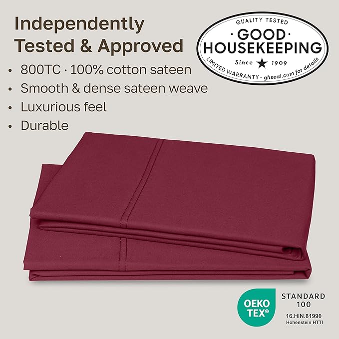 California Design Den Natural 100% Cotton Pillow Cases Queen Size Set of 2 - Luxuriously Soft and Thick 800 Thread Count, Smooth Sateen Standard/Queen Pillow Cases, Durable - Red Wine