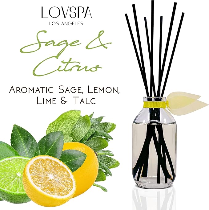 Reed Diffuser Set, Sage & Citrus Scented Oil Diffuser with Sticks, Home Fragrance Accessories for Bathroom Shelf Decor, Aroma Diffusers for Home or Office Desk, USA Made