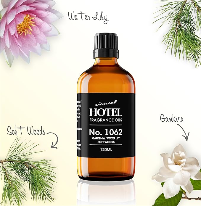 AirScent Hotel Diffuser Oil No. 1062 - Gardenia Water Lily Soft Woods - Premium Fragrance Oil for Ultrasonic and Waterless Diffusers and Crafting - 500 mL, 16.9 fl oz Glass Bottle
