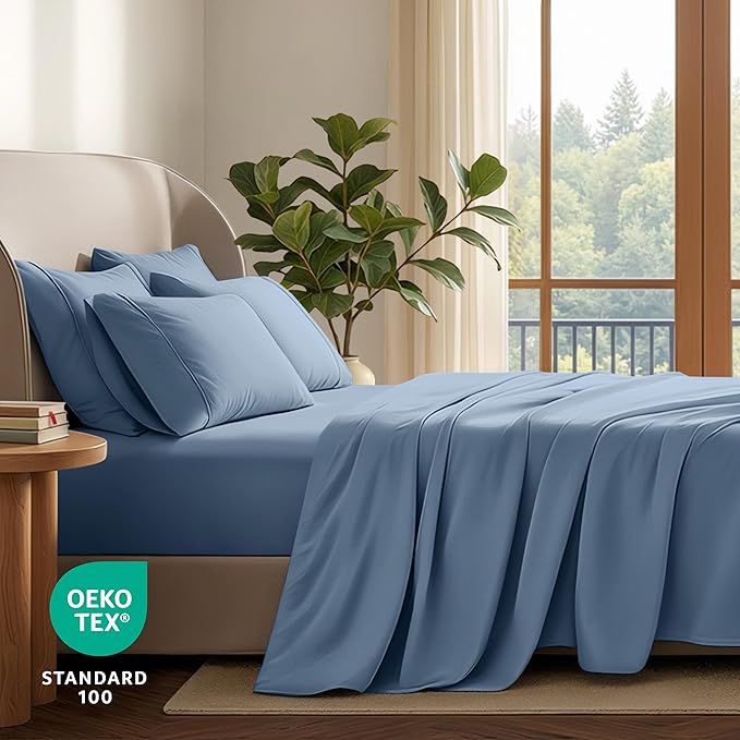 Bare Home Hotel Luxury Full XL Sheet Set, Extra Soft, 6 Piece Set, Deep Pockets, Easy Fit, Cooling & Breathable, Wrinkle, Fade, Stain Resistant, Includes 4 Pillowcases (Full XL, Coronet Blue)