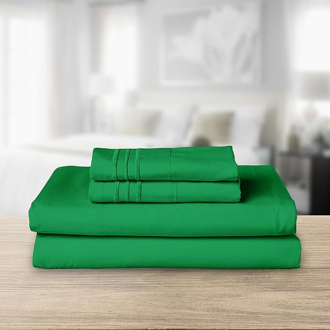 Elegant Comfort Luxurious 1500 Premium Hotel Quality Microfiber Three Line Embroidered Softest 4-Piece Bed Sheet Set, Wrinkle and Fade Resistant, Twin/Twin XL, Emerald Green