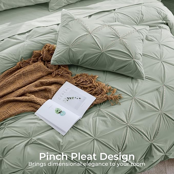 Sasttie Queen Comforter Set, 7-Piece Bed in a Bag, Pintuck Bedding Set for All Season, Includes Comforter, Flat Sheet, Fitted Sheet, Pillowcases and Pillowshams, Dusty Green