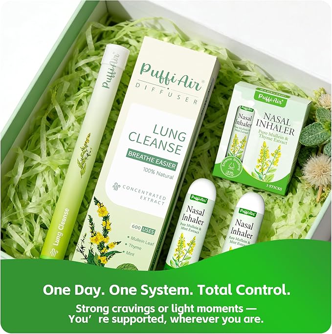 Mullein Respiratory Wellness Bundle: Herbal Lung Cleanse Diffuser (600 Uses) + 3-Pcs Nasal Sticks – Craving Relief, Focus Boost & Easy Breathing