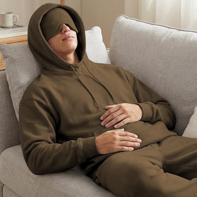 Ainangua Mens Oversized Pullover Essentials Hoodie with Eye Mask Built In Comfor Airplane Mode Travel Sleep Wearable Blanket