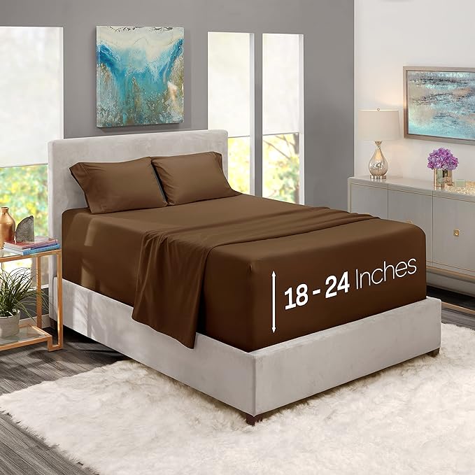 Nestl Twin Size Sheet Set, 4 Piece Extra Deep Pocket (18-24 inches), Microfiber, Hotel Luxury, Soft, Breathable, Wrinkle-Free, Easy to Care, Chocolate Brown