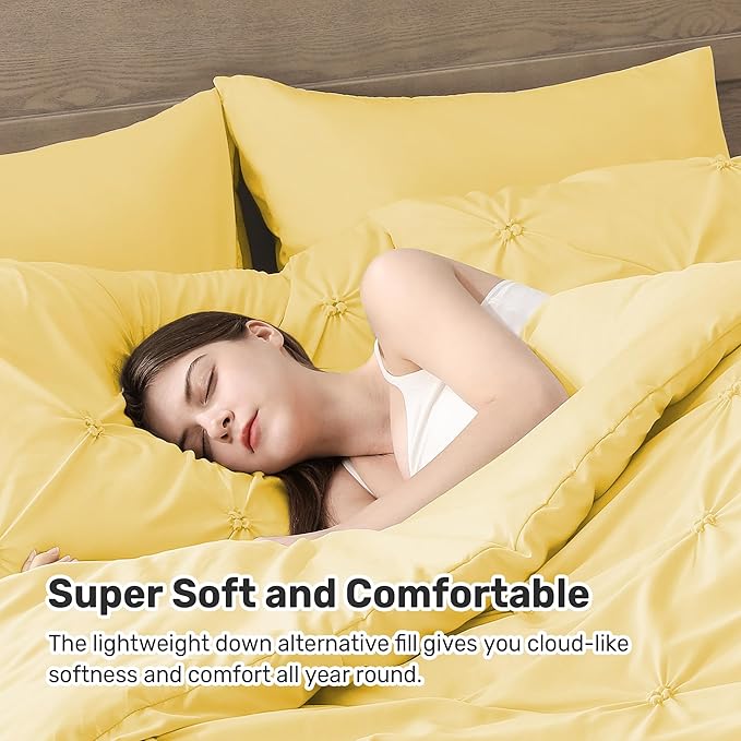 UNIKOME King Size Comforter Set Yellow - Ultra Soft Boho Pintuck Down Alternative Bedding Set for All Seasons, 3 Pieces Lightweight Warm Pinch Pleat Bed Set with Comforter, 2 Pillowcases
