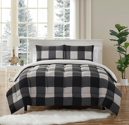 7 Piece Comforter Set Bag Solid Color All Season Soft Down Alternative Blanket & Luxurious Microfiber Bed Sheets, Full, Buffalo Plaid Black/Gray