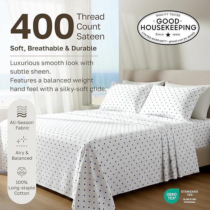 California Design Den Soft 100% Cotton Full Sheet Set, 400 TC Good Housekeeping Award Winner, Smooth Sateen Finish with Deep Pockets, Cozy and Durable Cotton Bedding Set - Polka Dot