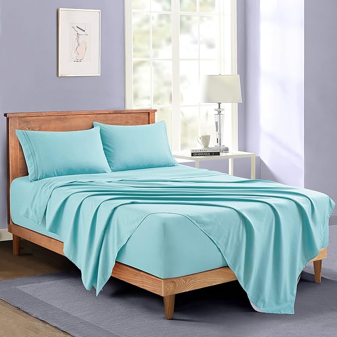 Manyshofu Extra Deep Pocket Full Size Sheets Set - Hotel Luxury 1800 Thread Count Sheets & Pillowcases - Kids Bedding Set up to 24" Mattress - Aqua Blue Bed Sheets 18-24 Inch Deep Pockets - 4 Piece