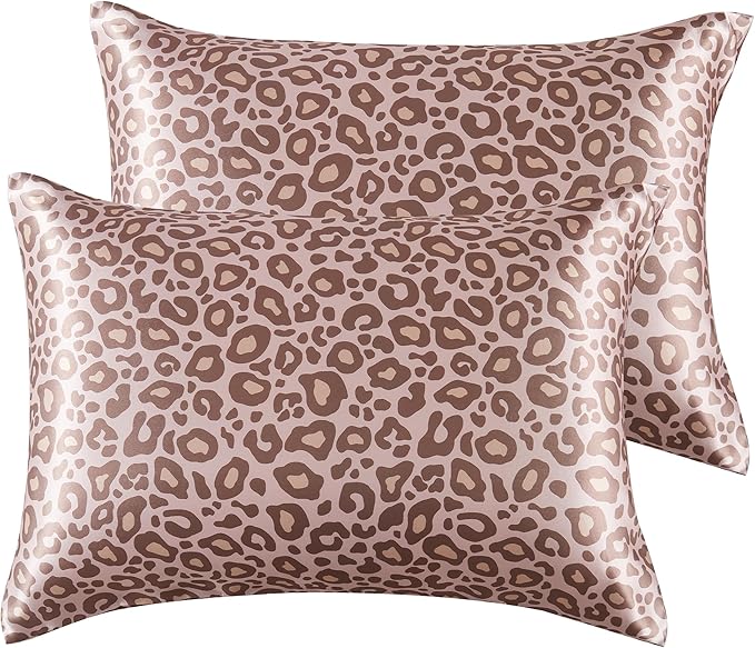Satin Pillowcase for Hair and Skin, Soft and Cooling Similar to Silk Pillow Cases 2 Pack with Envelope Closure Standard Size Satin Pillow Covers, Gift for Women(20"x26", Leopard, Pink)