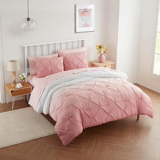 5 Piece Comforter Set Bed in a Bag Ombre Pintuck Design All Season Soft Down Alternative Bedding Comforter Set & Luxurious Matching Bed Sheets & Pillow Sham, Ombre Pintuck Blush, Twin