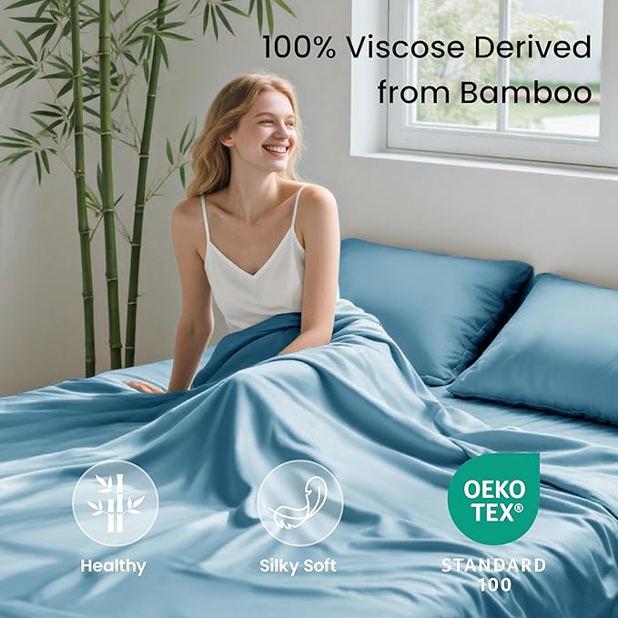 Love's cabin 3 Piece Twin XL Sheet Set, 100% Rayon Derived from Bamboo, Cooling & Breathable, Soft Silky Deep Pocket up to 16", Hotel Luxury Bedding for Hot Sleepers, Aqua