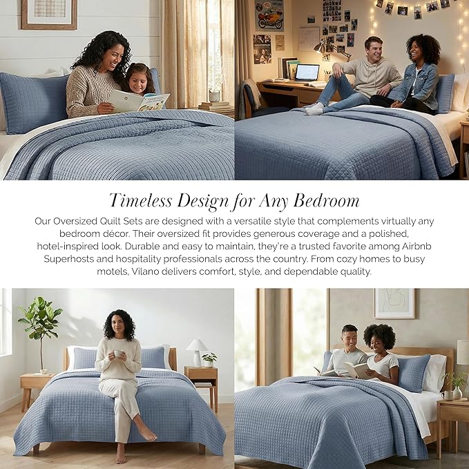 Southshore Fine Living, Inc. Oversized King Quilt Set, Blue Bedspread King California Comforter with 2 Matching Pillow Shams, Microfiber Coverlet Set, Oversized King Size Quilt, Slate Blue Bedding