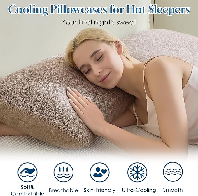 CHOSHOME Cooling Pillow Cases Zipper Pillow Covers Q-Max > 0.45 Zippered Pillowcases for Hot Sleepers, Soft, Breathable, Skin-Friendly, 2 Pack (King, 20"x36", Brown)