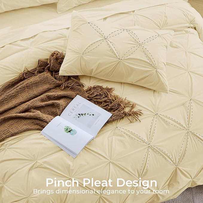 Sasttie Queen Comforter Set, 7-Piece Bed in a Bag, Pintuck Bedding Sets for All Season, Includes Comforter, Flat Sheet, Fitted Sheet, Pillowcases and Pillowshams, Pale Yellow