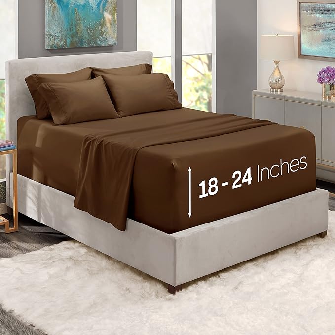 Hearth & Harbor Extra Deep Pocket King Size Sets - Fits Mattress 18-24 Inches Deep - Extra Deep Pocket Sheets - 6 Piece King Size - Brown