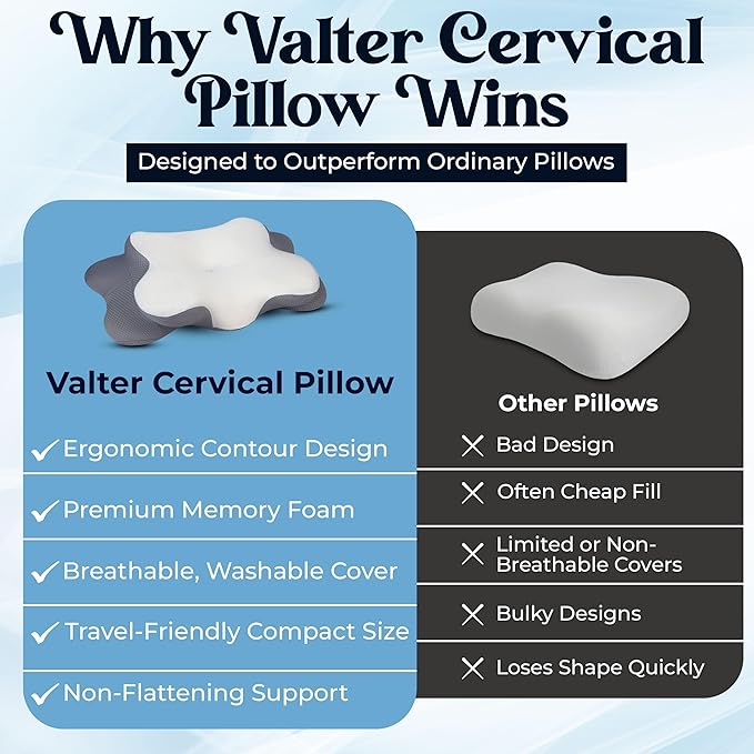 VALTER Cervical Neck Pillow for Pain Relief, Ergonomic Side Sleeper Pillow for Neck Support, Cooling Memory Foam Pillow for Sleeping, Contour Orthopedic Bed Pillow for Back and Stomach Sleepers