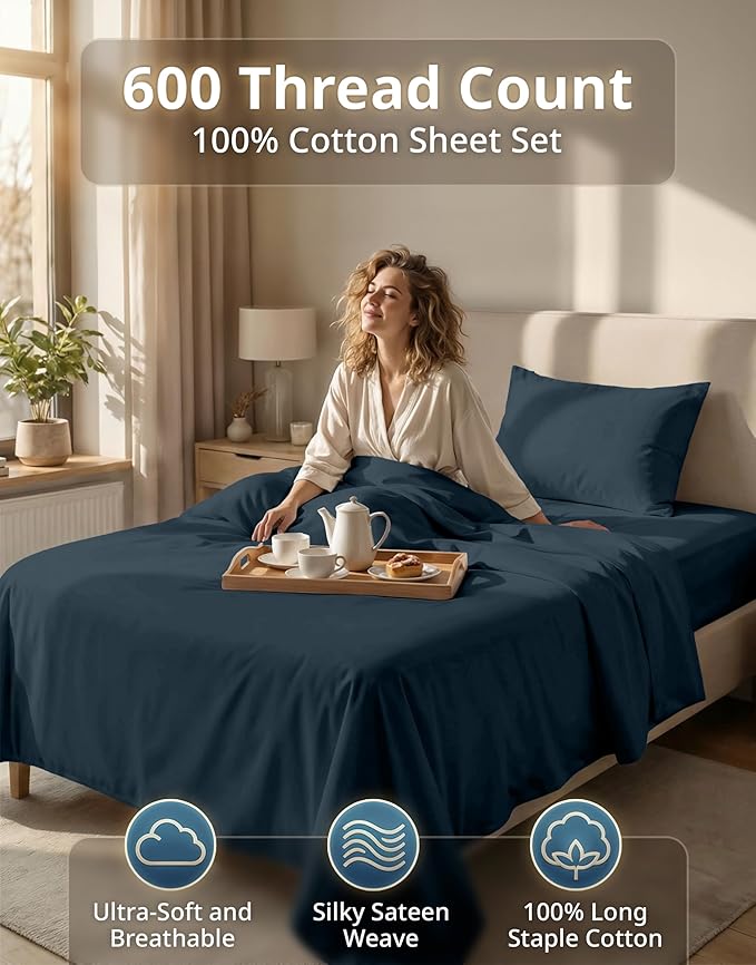LANE LINEN Twin Sheet Set - 600 Thread Count Premium Sateen Weave for Silky Feel On Skin - Cooling Sheets for Deep Sleep - Securely Fits Mattresses Upto 15'' Deep - Oeko Tex Certified - Estate Blue