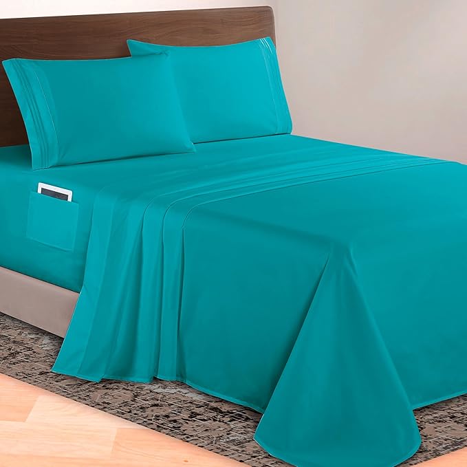 Elegant Comfort Luxurious 1500 Premium Hotel Quality Microfiber 4-Piece Sheet Set, 18-24 Inches Deep - Extra Deep Pocket Sheets - Ultra Soft 4PC Deep Pocket Sheets, Queen, Turquoise
