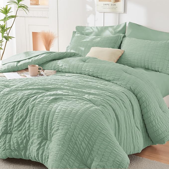 HYMOKEGE Sage Green California King Comforter Set Seersucker 7 Pieces, All Season Luxury Bed in a Bag for Bedroom, Bedding Set with Comforters, Sheets, Pillowcases & Shams
