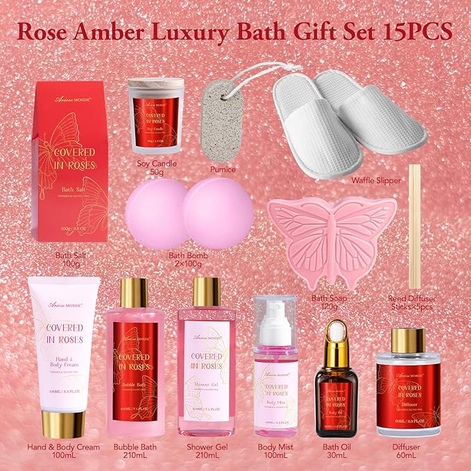 Mothers Day Gifts for Mom,15Pcs Rose Bath and Body Gifts for Women, Relaxing Spa Gift Basket for Her, Mom, Sister, Female Friends, Daughter,Unique Bath Gift Set Idea for Women Who Have Everything