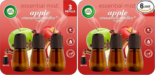 Air Wick Essential Mist Refill,Apple Cinnamon Medley,Essential Oils Diffuser,Air Freshener,Fall scent,Fall decor,(Pack of 6)