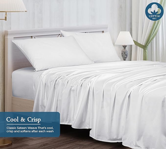 Royale Linen 400 Thread Count 100% American Grown Cotton 4 Piece Sateen Queen Sheet Set - 1 Fitted Sheet, 1 Flat Sheet, 2 Pillow case - White Queen Bedsheet - Cotton Sheets - (Queen, Signature White)