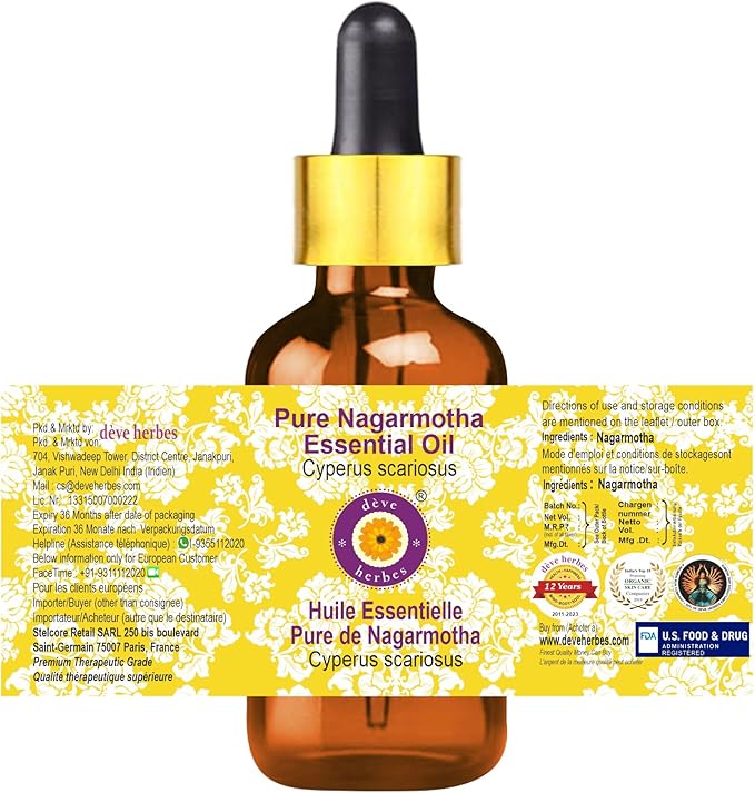 Deve Herbes Pure Nagarmotha Essential Oil (Cyperus scariosus) with Glass Dropper Steam Distilled 2ml (0.06 oz)