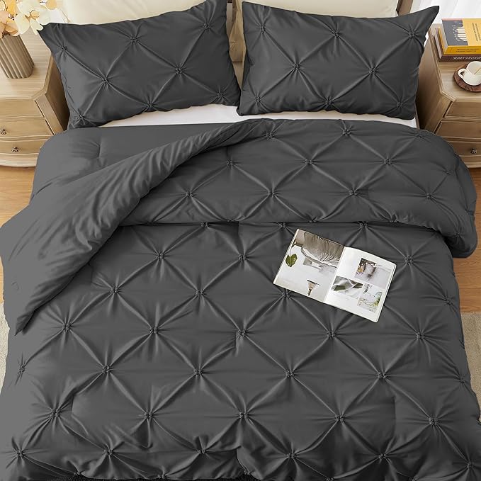 UNIKOME Queen Comforter Set Dark Gray - Ultra Soft Boho Pintuck Down Alternative Bedding Set for All Seasons, 3 Pieces Lightweight Warm Pinch Pleat Bed Set with Comforter, 2 Pillowcases
