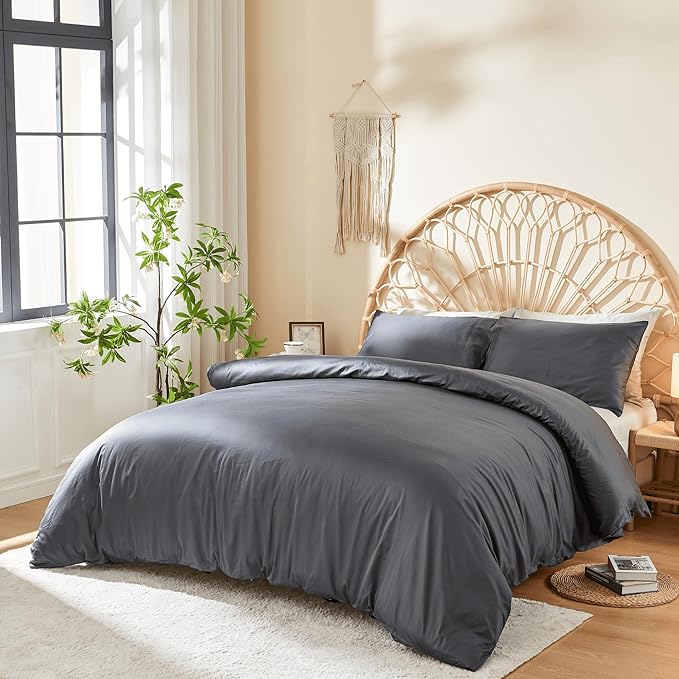 DOZ 100% Long Staple Cotton Duvet Cover Set, Soft Sateen Weave Cotton, Smooth, Breathable, Hotel Comfort, 90"x90", 8 Loops, 3pc – 2 Pillowcases 1 Duvet Cover (Storm, Full/Queen)