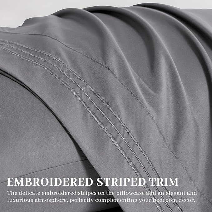 YIYEA King Pillow Cases Set of 4, Ultra Soft 1800TC Hotel Quality Double Brushed Microfiber Embroidered Pillowcases, Envelope Closure, Fade Resistant (20"x36", Medium Grey)