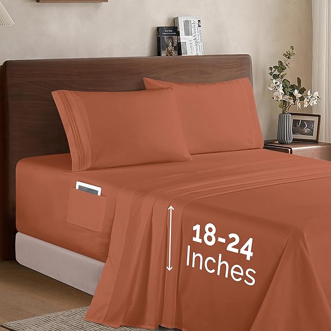 Elegant Comfort Luxury 1500 Premium Hotel Quality Microfiber 4-Piece Sheet Set - Soft, All Around Elastic 18-24 Inches Deep Fitted Sheet - Extra Deep Pocket Sheets, California King, Coral