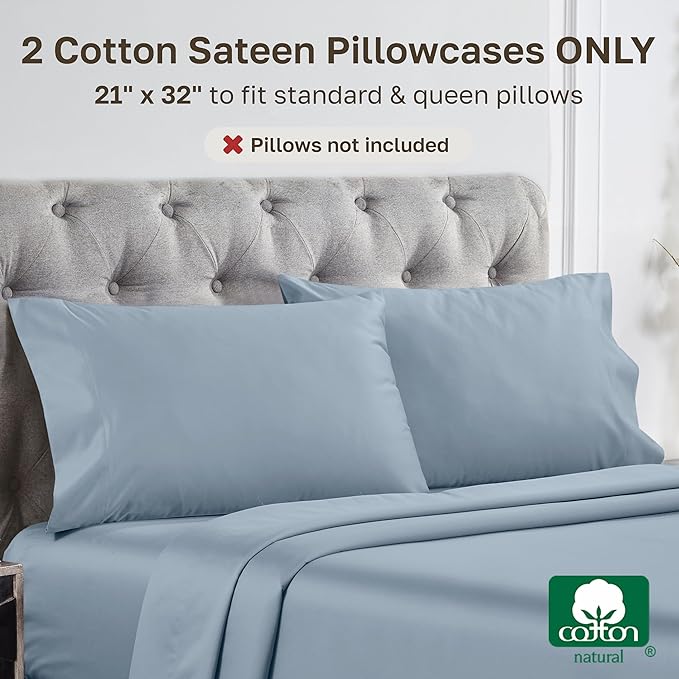California Design Den Pillow Cases Standard Size Set of 2-1000 Thread Count Sateen, Soft and Thick 100% Cotton Standard/Queen Pillowcases, Durable - Blue