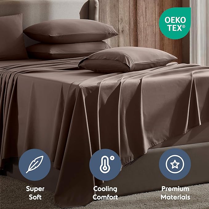 Nestl Extra Deep Cal King Sheet Set - 6 Piece Breathable & Cooling Sheets - Hotel Luxury Bedding Set w/18-24 Inch Deep Pockets - Easy & Secure Fit - Super Soft, Wrinkle Free & Comfy - Chocolate Brown
