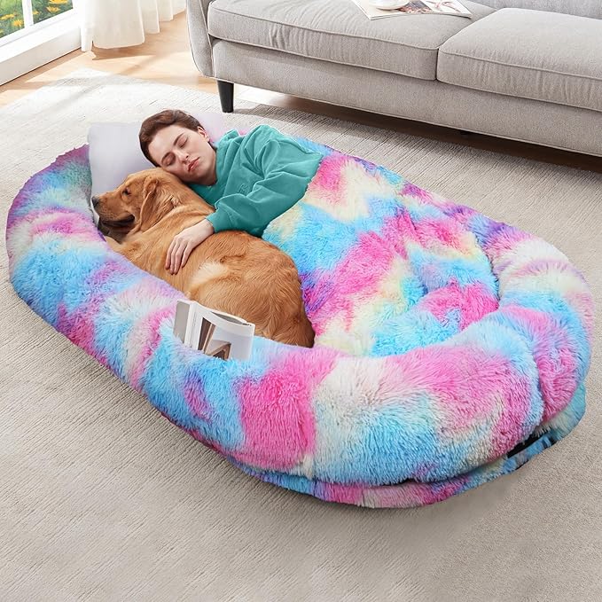 YAEM Human Dog Bed for Adult and Pets - 71"x45"x12" Dogs Beds for Humans with Washable Faux Fur Cover, Plump Pillow, Blanket, Orthopedic Design, Strap-Rainbow