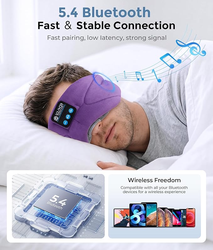 LOVE EYE Sleep Headphones Bluetooth 5.4 Sleeping Eye Mask Wireless Music Earphones with HD Speakers for Side Sleepers Total Blackout Cotton Mask for Travel, Office, Unique Gifts (Lavender Purple)