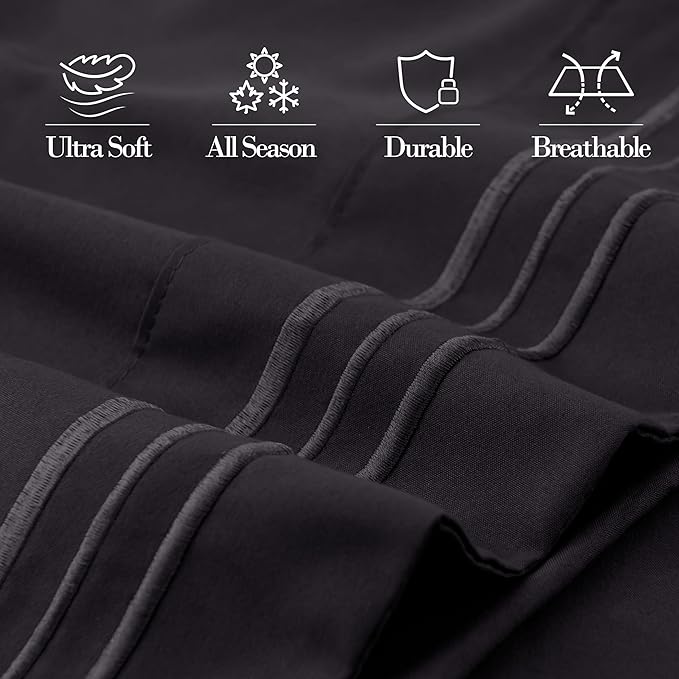Mocassi 2-Piece Premium King Pillowcase Set 1800 Series Hotel Quality Microfiber - Soft and Breathable with 3-Line Embroidery Wrinkle and Stain Resistant, Easy Care, 20" x 40", Black