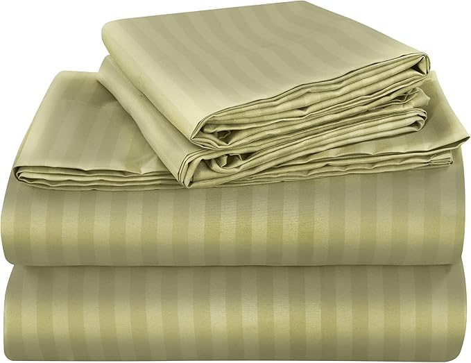 ROYALE LINENS 4 Piece Cal King Sheets Set - Soft Brushed Microfiber - 1 Fitted, 1 Flat Sheet, 2 Pillowcases - Wrinkle Free & Fade Resistant - Hotel Luxury Bed Sheets (Stripe Sage Green, Cal King)
