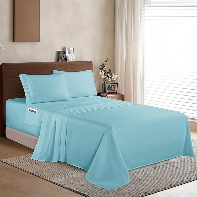 Elegant Comfort Luxury 1500 Premium Hotel Quality Microfiber 4-Piece Sheet Set - Soft, All Around Elastic 18-24 Inches Deep Fitted Sheet - Extra Deep Pocket Sheets, Queen, Aqua