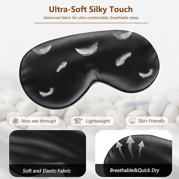 Sleep Mask Silk Eye Mask for Men Sleeping Mask, Adjustable Elastic Strap for Night Shading Sleep Mask, Soft and Comfortable for Both Men and Women (Black, 2 Packs)