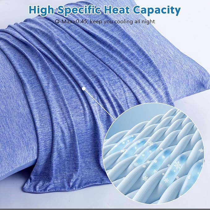 HOMFINE Cooling Pillowcases Standard Size - Double Side Q-Max 0.439 Cooling Fiber for Pillow Protector, Breathable Cold Pillow Cover for Hot Sleeper Night Sweat, Zipper, 2 Pack (20"x26", Dark Blue)