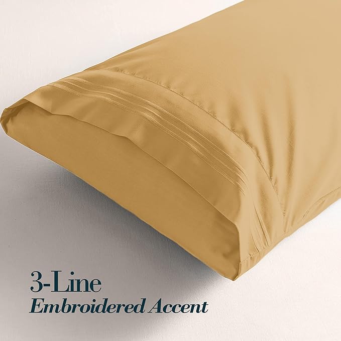 Mocassi 2-Piece Premium Standard/Queen Pillowcase Set 1800 Series Hotel Quality Microfiber - Soft and Breathable with 3-Line Embroidery Wrinkle and Stain Resistant, Easy Care, 20" x 30", Gold