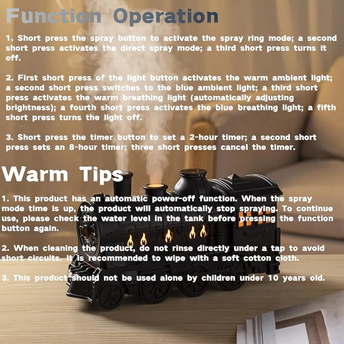 300ML Vintage Train Diffuser & Cool Mist Humidifier with Steam Effect, Remote Control, Dual Modes & Warm Blue LED Light (Gold, With remote control)
