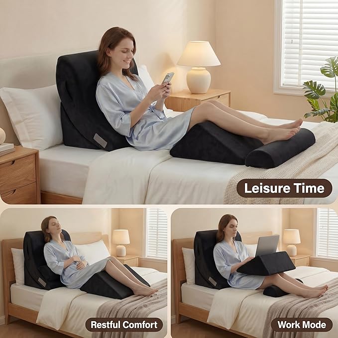 Axelrod 4PCS Orthopedic Bed Wedge Pillow Set, Post Surgery Foam for Back, Neck and Leg Pain Relief Comfortable & Adjustable Pillows- Anti Snoring, Heartburn, Acid Reflux & GERD Sleeping Black