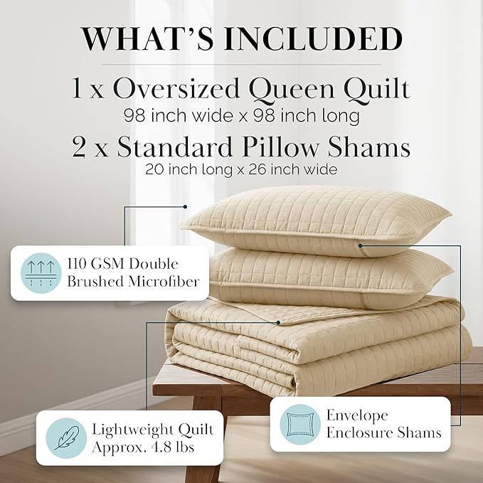 Southshore Fine Living, Inc. Queen Size Quilt Bedding Set, Hotel Quilts, Pet Hair Resistant Bedding Sets, Coverlet Queen Size, Full Size Bedspread with 2 Pillow Shams, Beige Quilts, Soft Sand