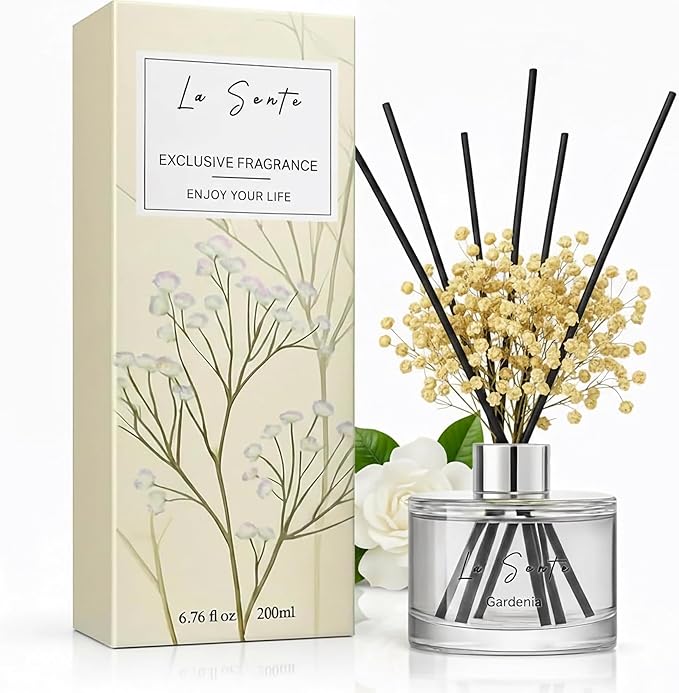 Reed Diffuser Set (6.7fl oz), Natural Gardenia Essential Oil Fragrance with Glass Bottle, Black Rattan Sticks & Preserved Flowers, Up to 120 Days Lasting Fragrance for Home & Office